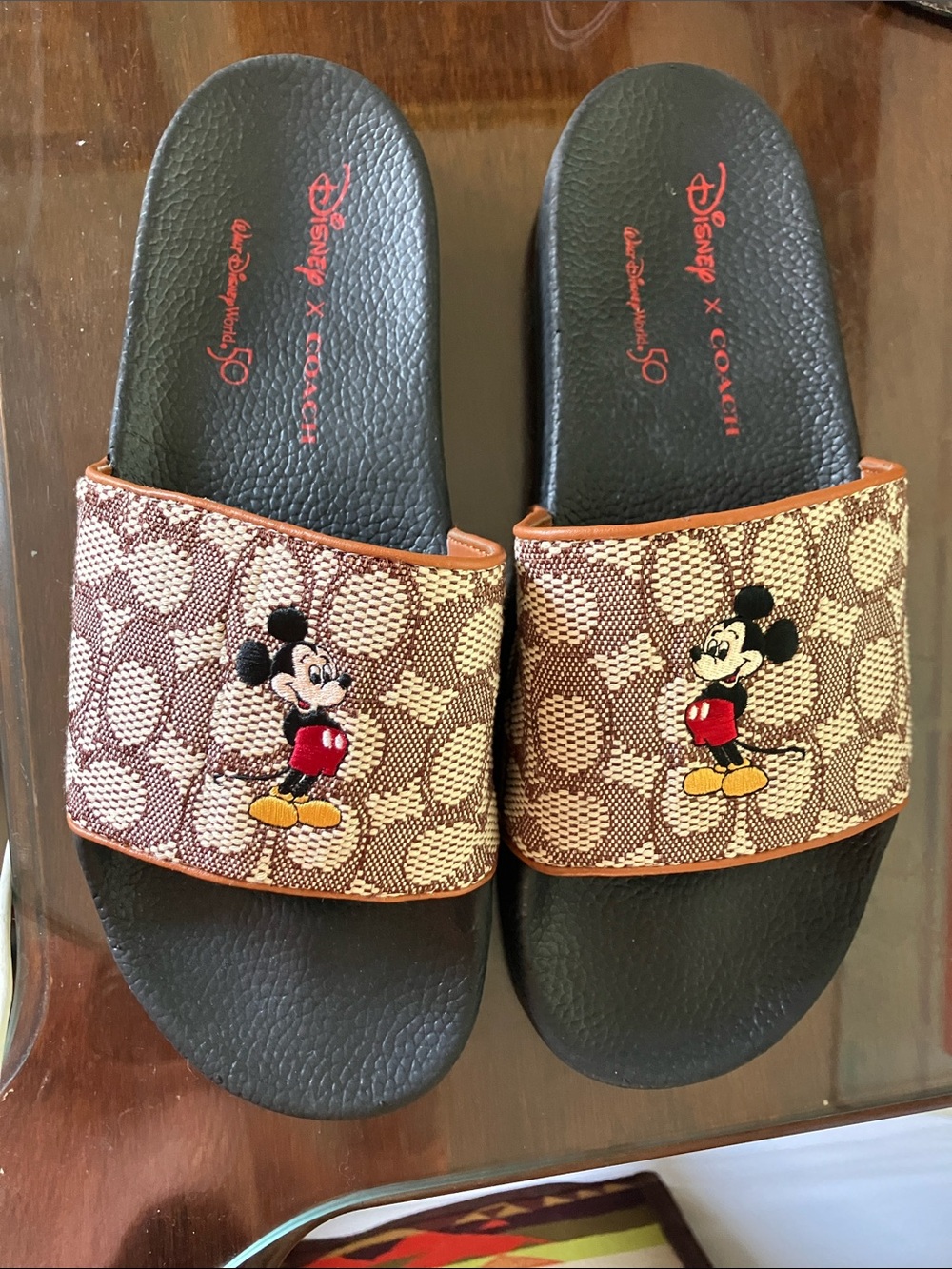 New Coach Mickey Mouse Brown Signature Slide Sandals - Womens